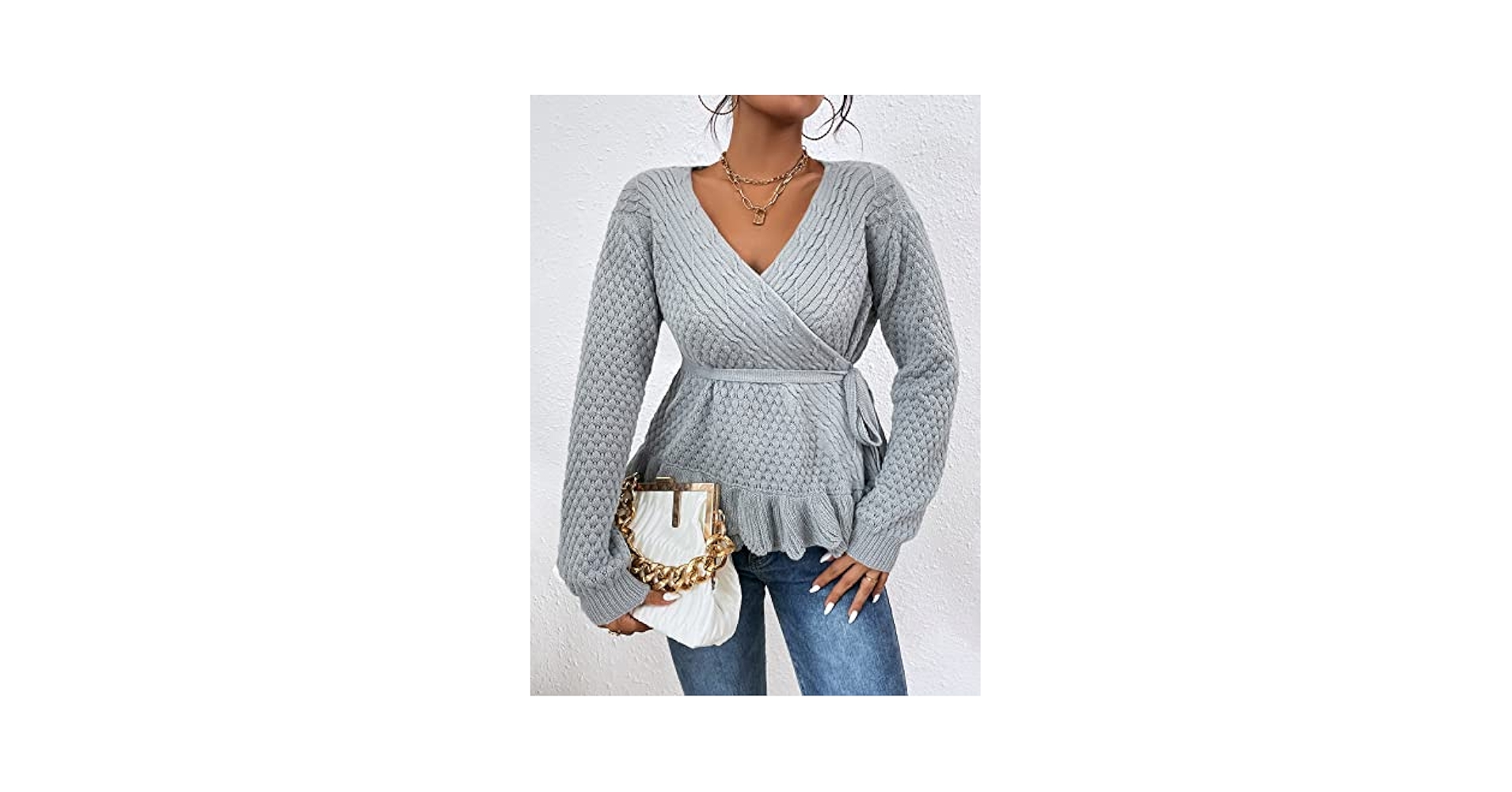 Amazon.com: Surplice Neck Cable Knit Peplum Belted Sweater